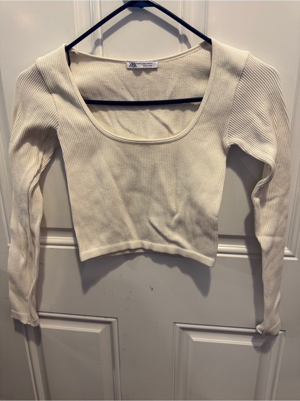 Zara Cream Long Sleeve Ribbed-Knit Crop Top Square Neckline Size XS